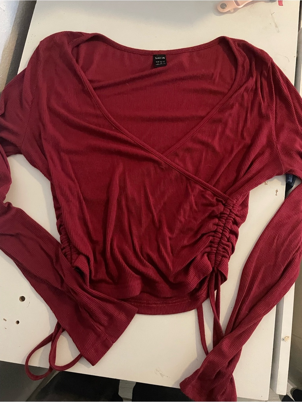 SHEIN Burgundy Ribbed Long Sleeve Wrap Top with Side Ruching